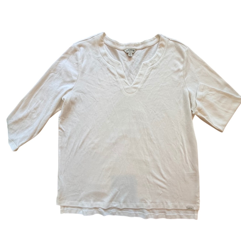 Orvis Womens Capsule White 100% Pima Cotton 3/4 Sleeve Split V-Neck Top Large L